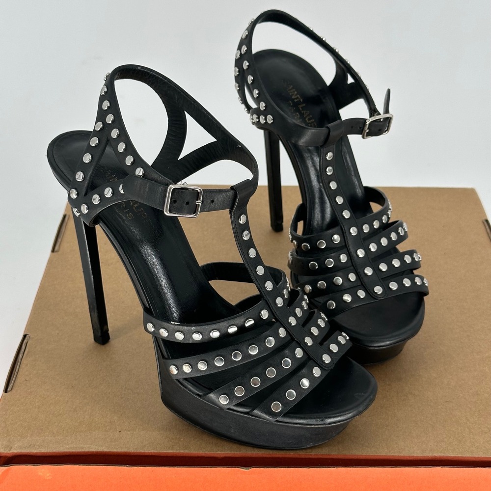 Saint Laurent Bianca Black Leather Silver Studded Platform High Heels Italy 38